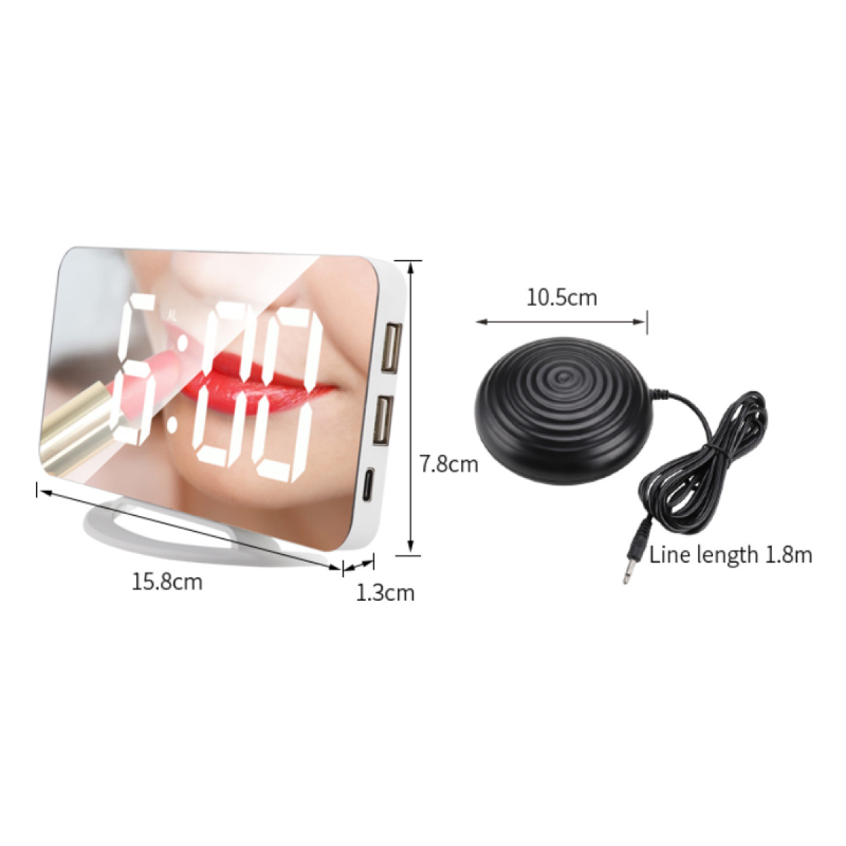 Biały cyfrowy budzik pokazujący godzinę 6:00 z szminką i przyciskiem w kształcie stopy.