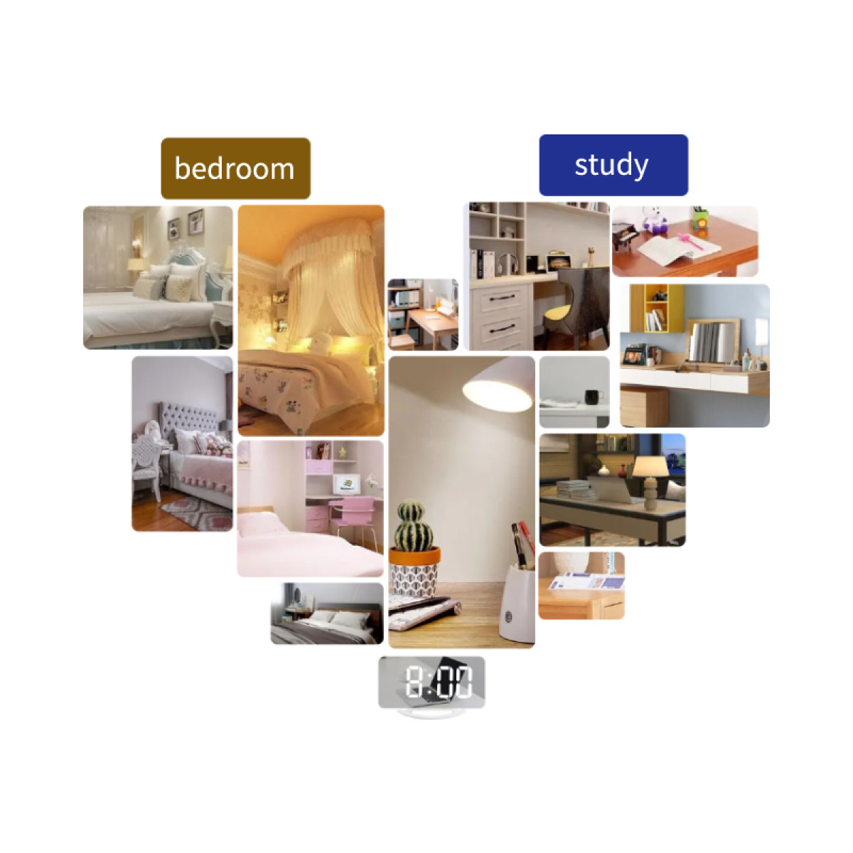 Kolaż zdjęć sypialni i gabinetu, pokazujący meble i dekoracje w kształcie serca.