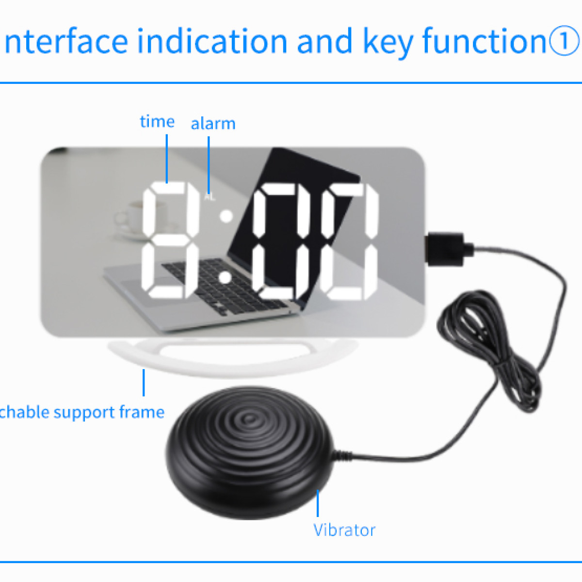 Cyfrowy budzik z wyświetloną godziną 8:00, wibratorem i ramą podporową.