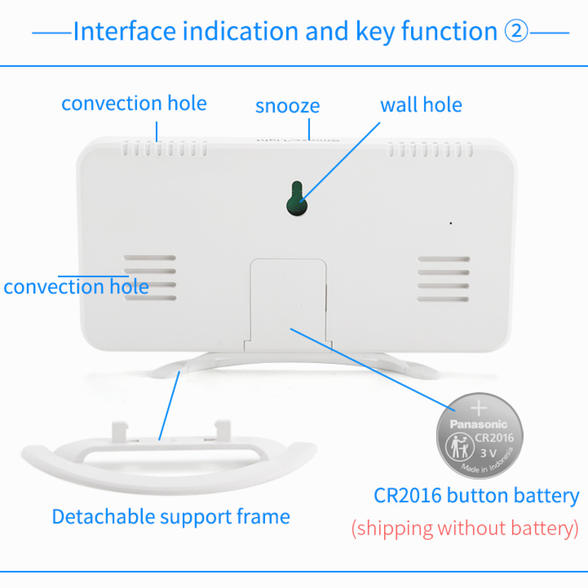 Tył białego zegara cyfrowego z etykietami drzemki, otworu konwekcyjnego i odpinanej ramy.