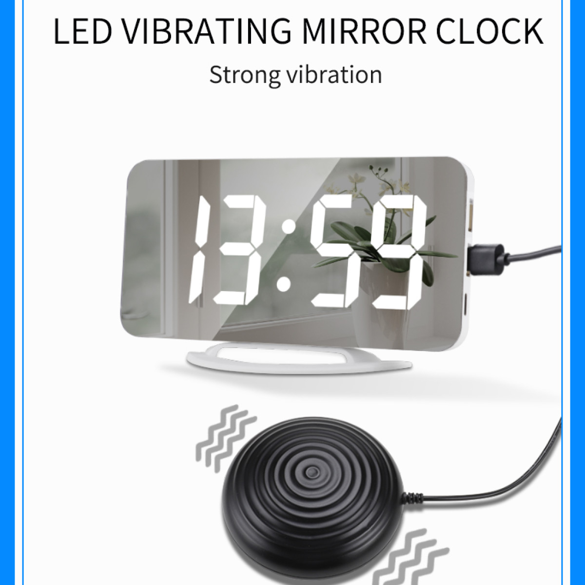 Biało-czarny zegar lustrzany z wyświetlaczem 13:59, z wibratorem poniżej.