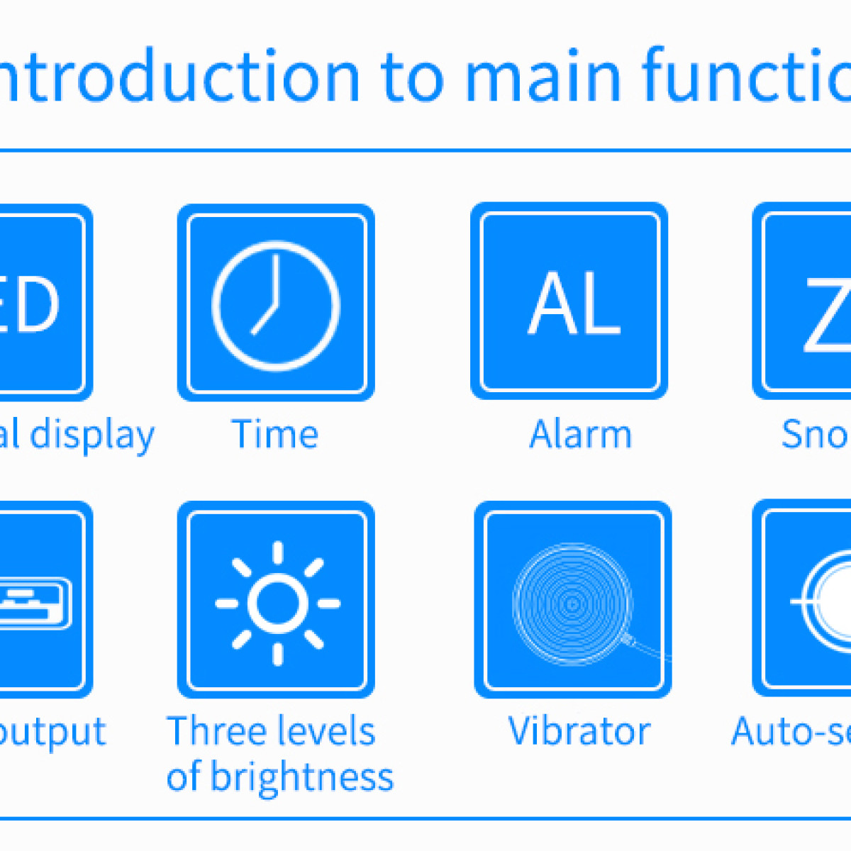 Ikony reprezentujące funkcje: wyświetlacz cyfrowy, czas, alarm, drzemka, wyjście, jasność, wibrator.