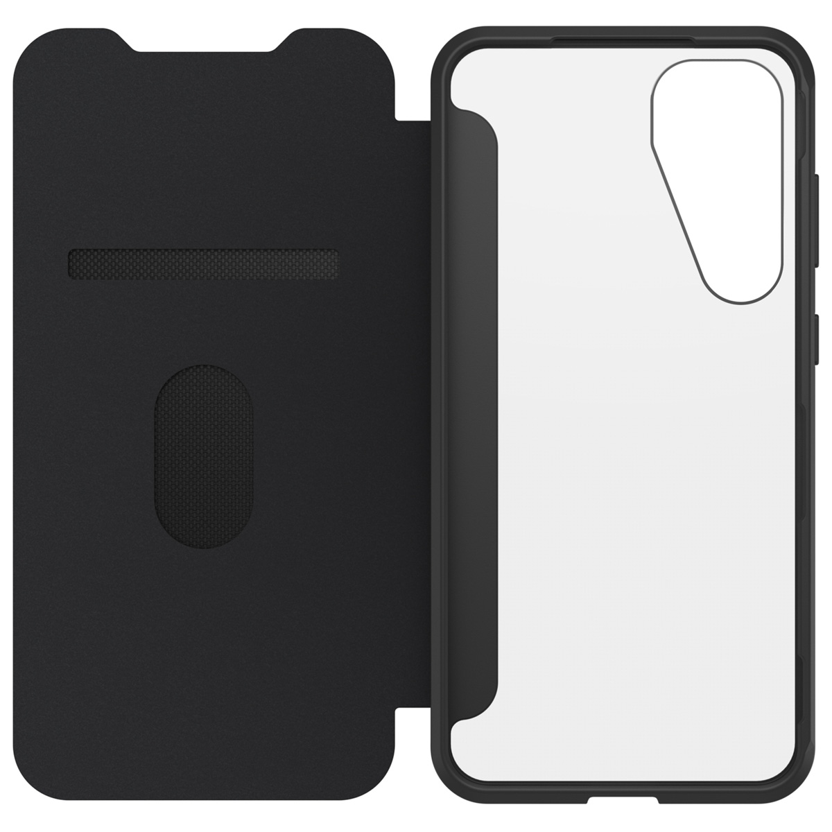 Een zwarte telefoonhoes met een openstaande klep, die een doorzichtige binnenkant voor de telefoon laat zien.