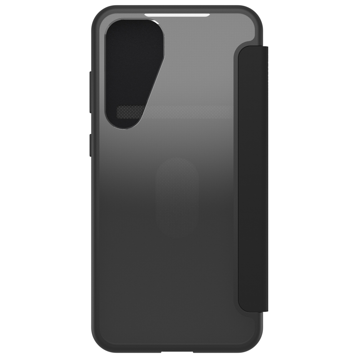 Zwarte telefoonhoes met klep, met de achterkant van een telefoon.
