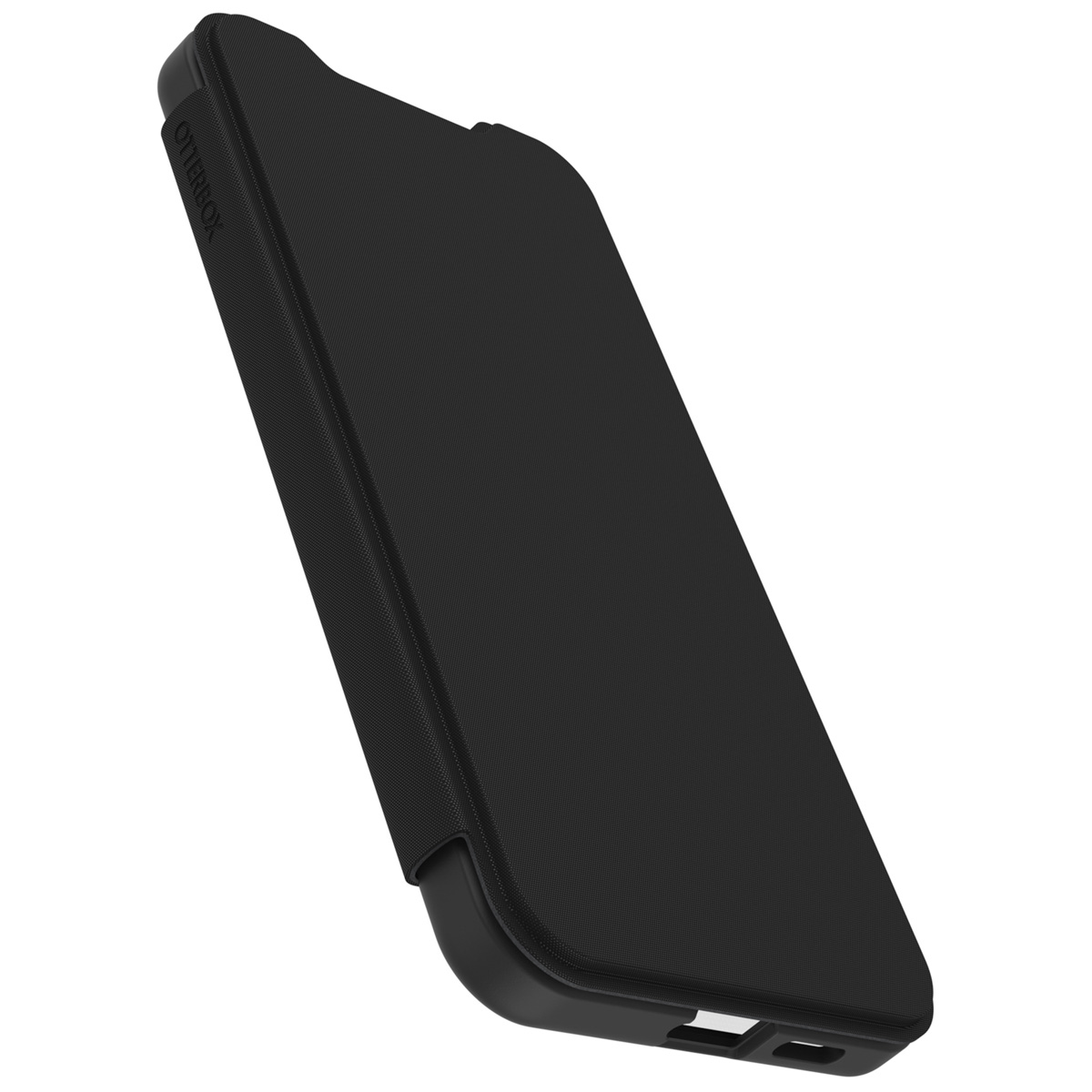 Zwarte telefoonhoes gedeeltelijk open, zijkant en onderkant van de telefoon.