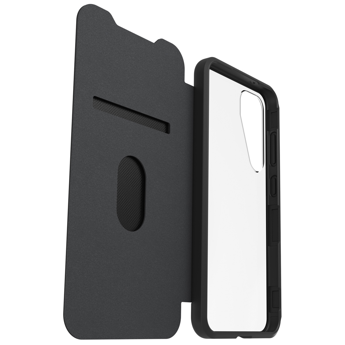 Zwarte telefoonhoes met een flip cover, met een telefoon erin met een wit scherm.
