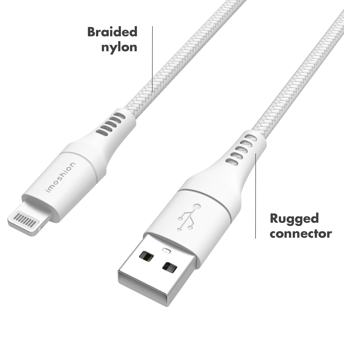 Câble blanc en nylon tressé. Connecteurs USB et Lightning étiquetés 'imoshion'.