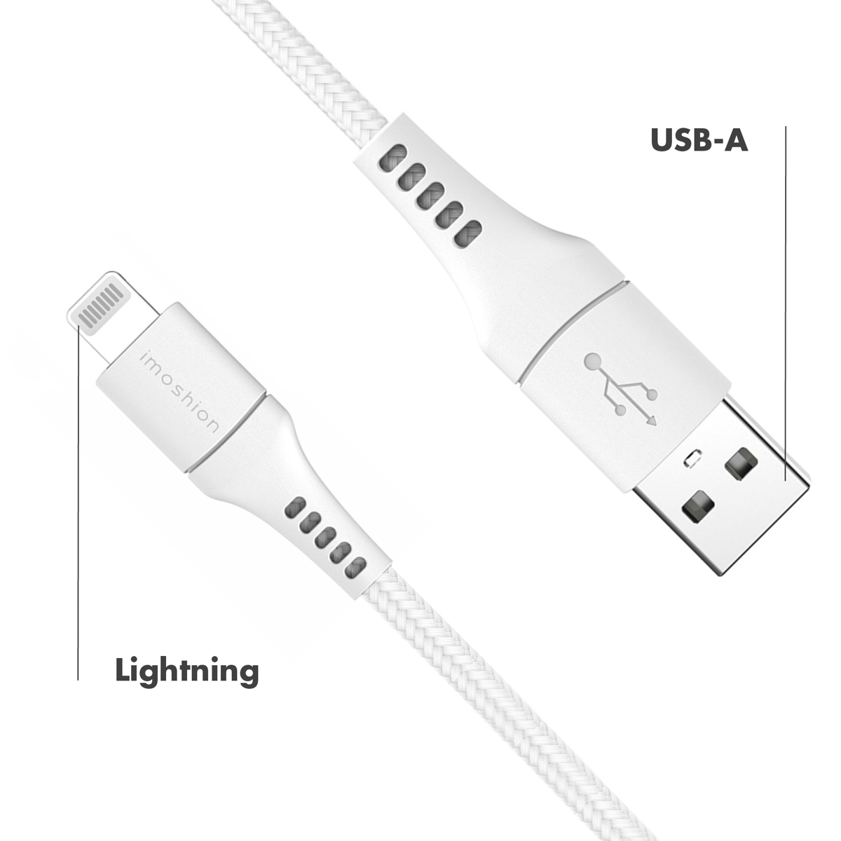 Câble USB-A vers Lightning blanc, montrant les connecteurs et le câble tressé.