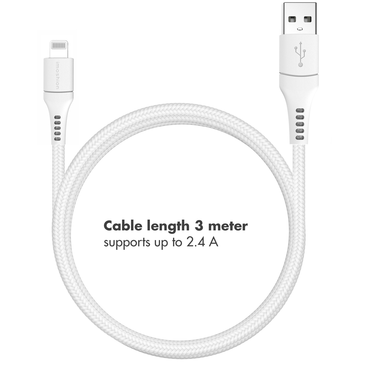 Câble USB blanc avec fond blanc, avec texte sur la longueur et l'ampérage.