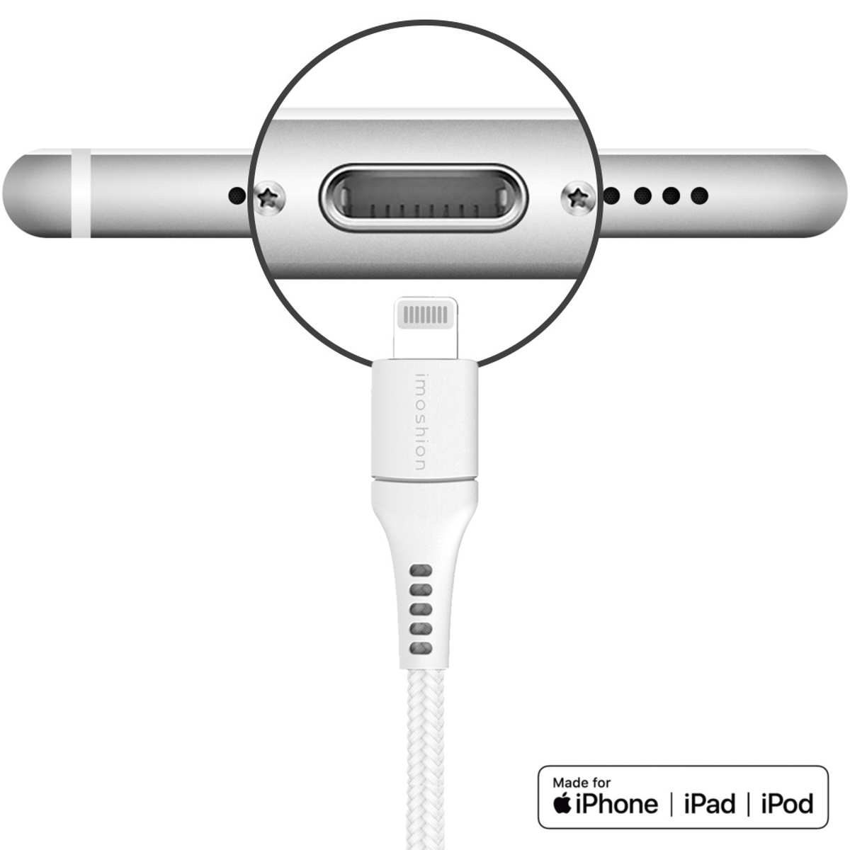 Câble de chargement blanc avec connecteur Lightning pour iPhone. Gros plan.
