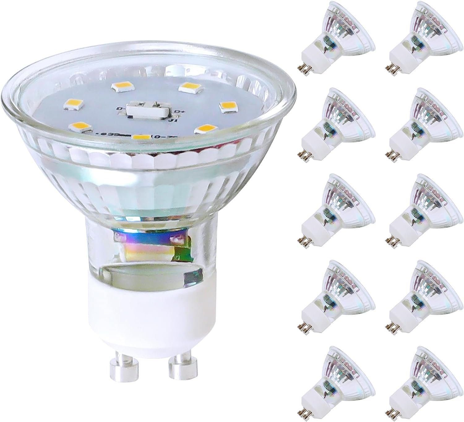Dieci lampadine, con copertura trasparente e base bianca. Sono su sfondo bianco.