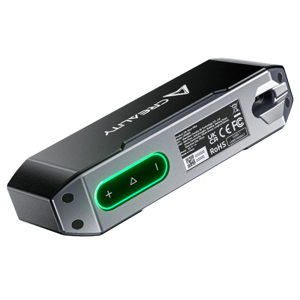 Czarny i szary przenośny skaner z zielonymi światłami kontrolnymi na białym tle.