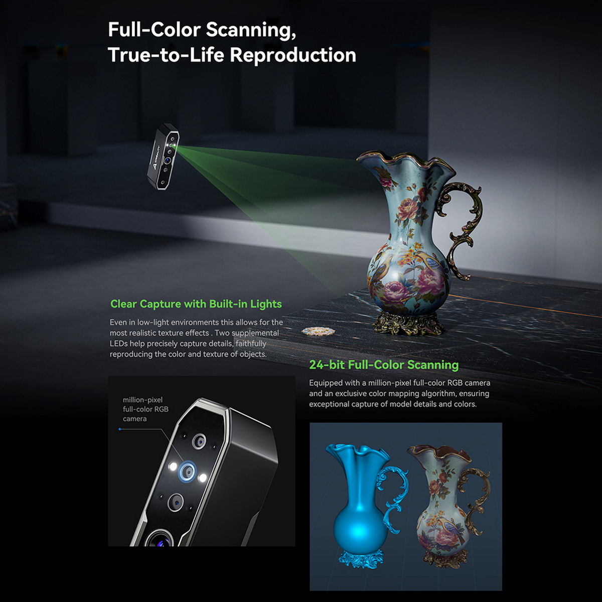 Skaner 3D skanuje wazon. Wazon stoi na ciemnej powierzchni. Skaner unosi się nad nim.