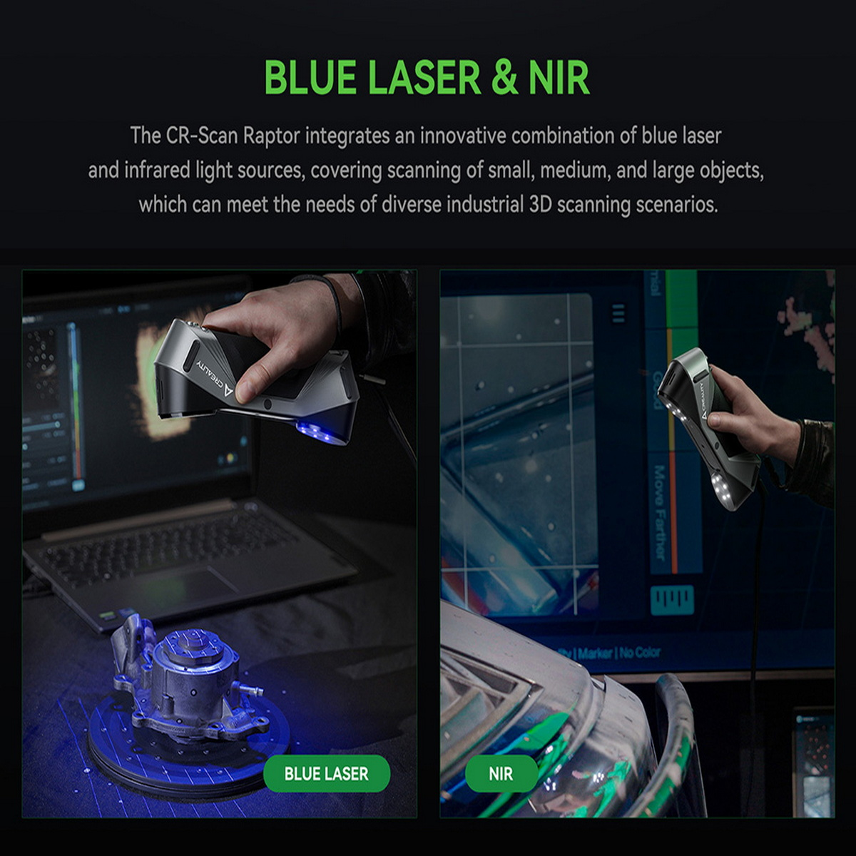 Ręce trzymają skaner, skanują urządzenie i część samochodu. Jeden pokazuje niebieskie światło, drugi NIR.