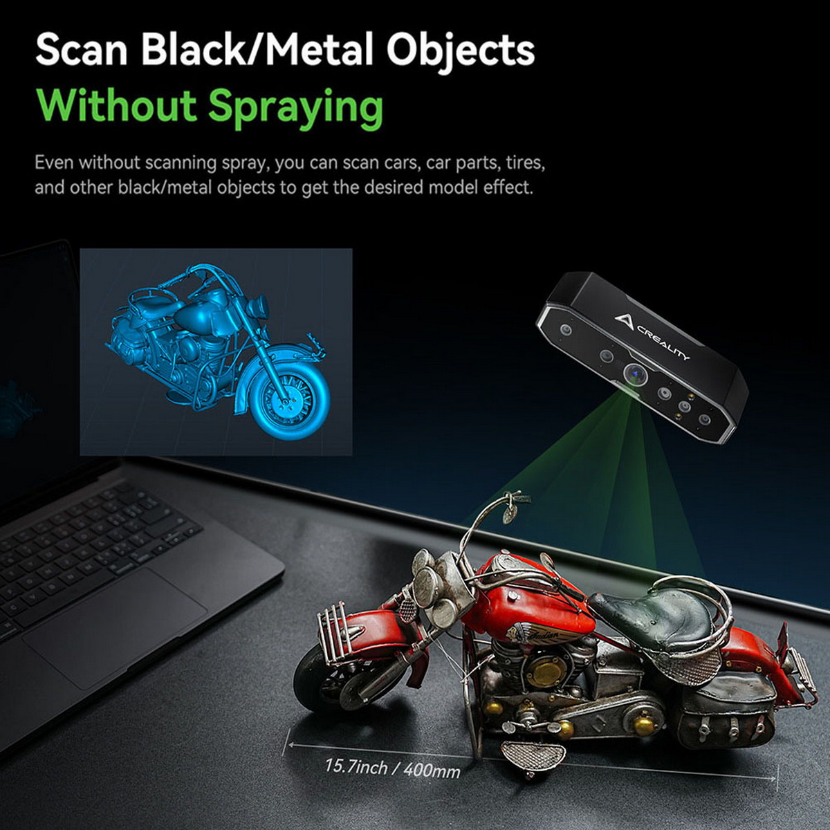 Skaner 3D skanujący model motocykla, pokazujący model na laptopie.