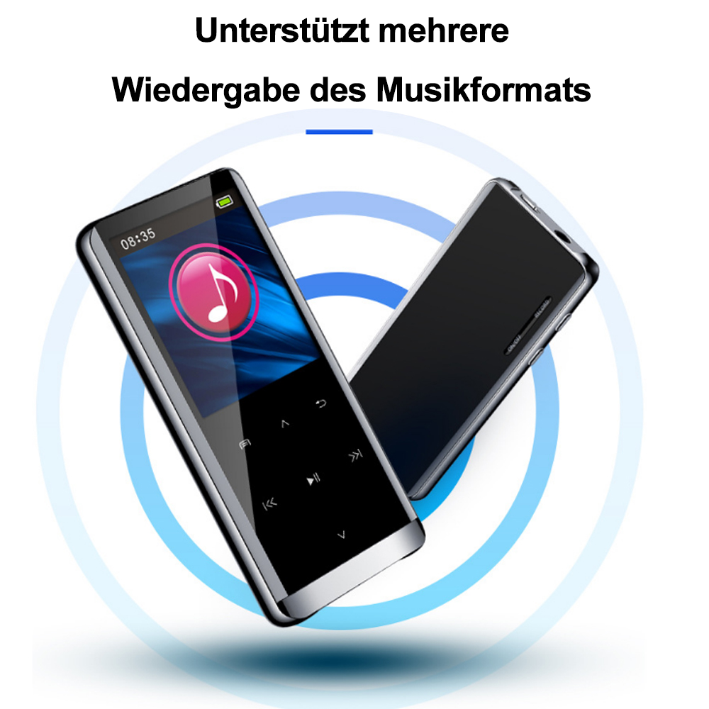 Zwei schwarze MP3-Player mit Bildschirmen und Knöpfen, auf blauem Hintergrund.