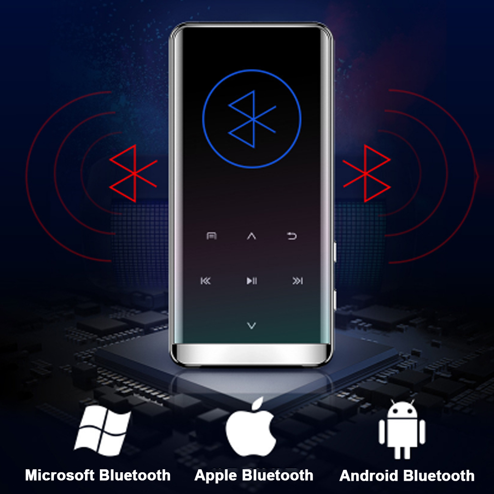 Tragbarer Musikplayer mit Bluetooth-Symbolen neben Logos für Microsoft, Apple und Android.
