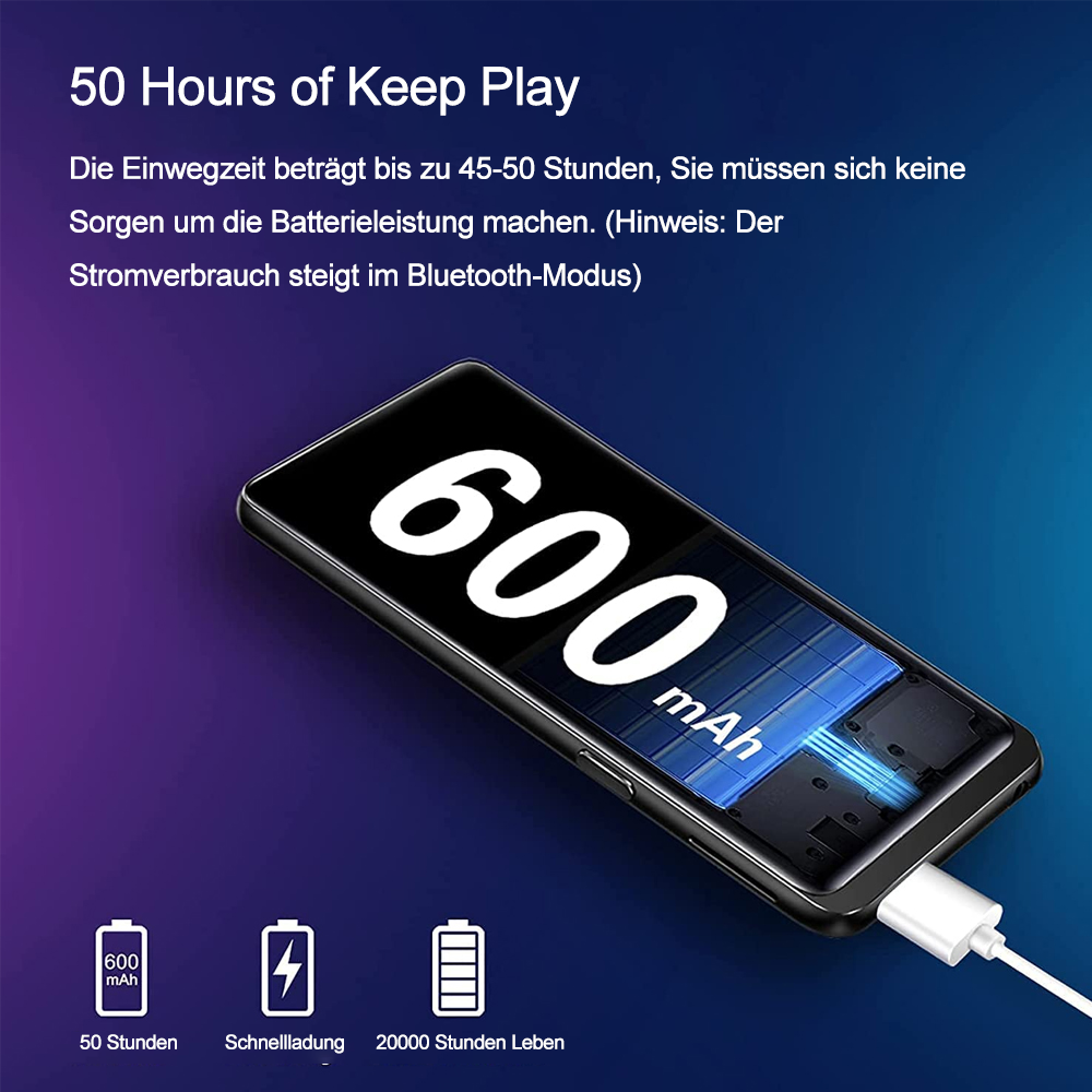 Schwarzes Smartphone mit Bildschirm, der 600 mAh anzeigt, angeschlossen an ein weißes Ladegerät. Symbole sind unten.