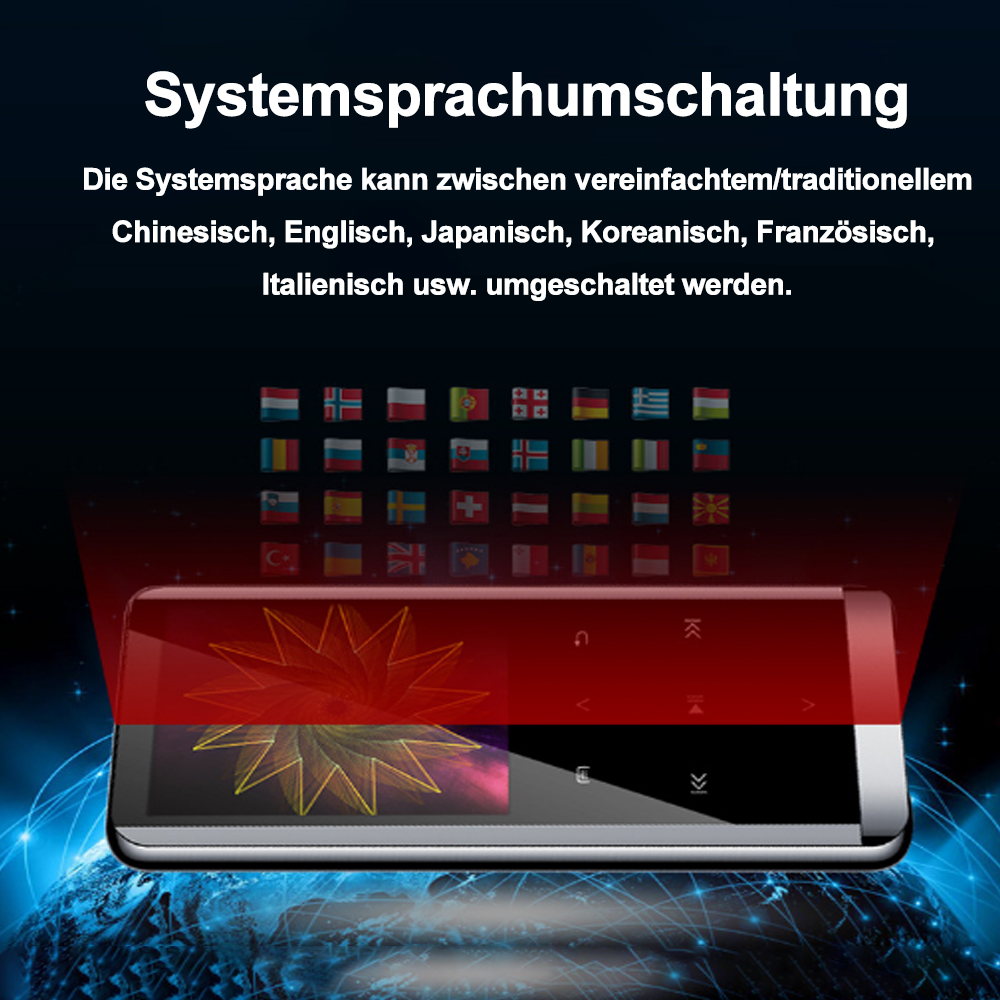 Ein Bildschirm mit Flaggen und Sprachauswahloptionen für ein Gerät. Es zeigt verschiedene Flaggen.