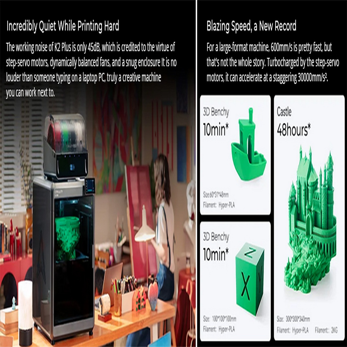 Drukarka 3D z zielonymi wydrukowanymi obiektami. Tekst o cichym drukowaniu i dużej prędkości.