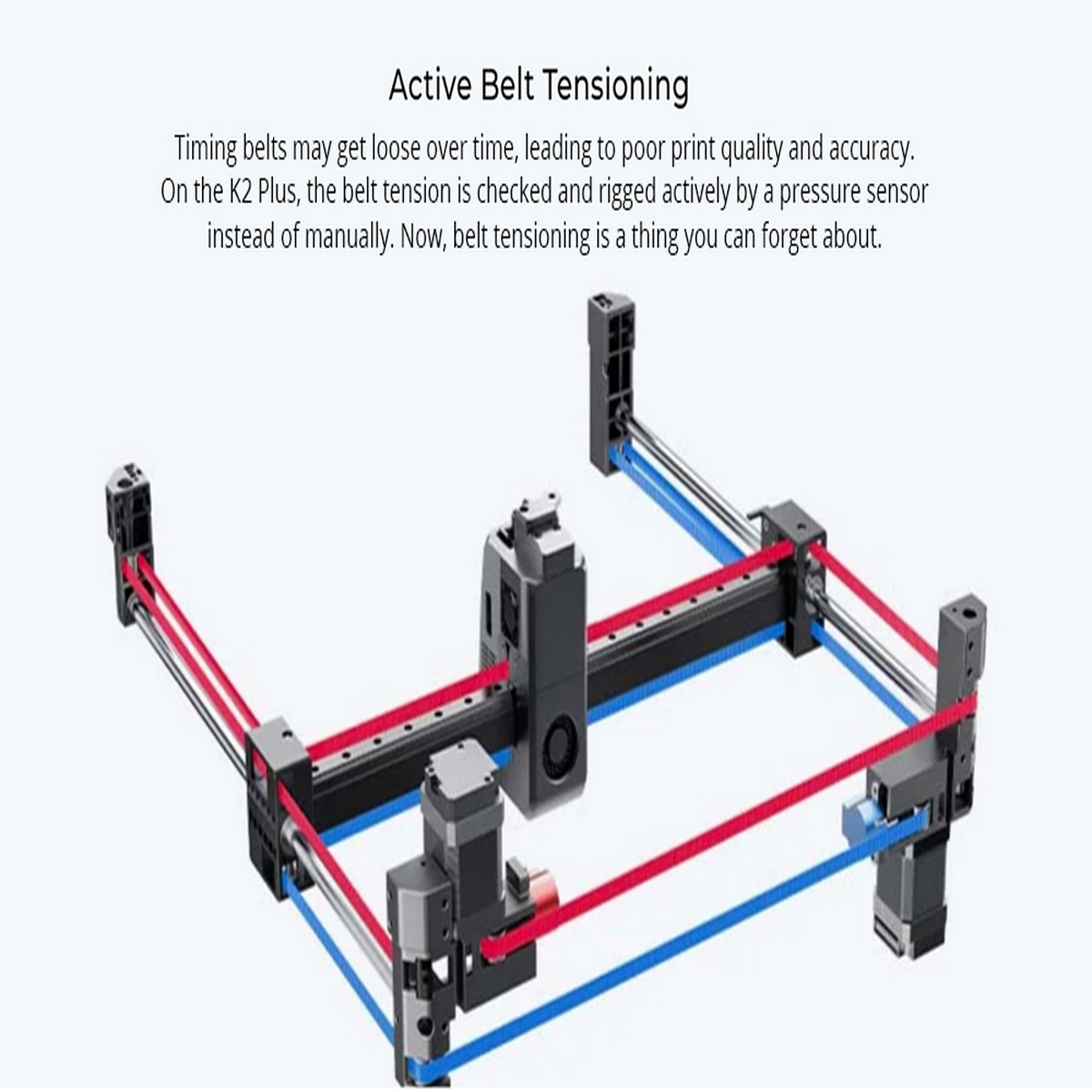 Schemat maszyny z czerwonymi i niebieskimi liniami. Tekst opisuje 'Active Belt Tensioning'.