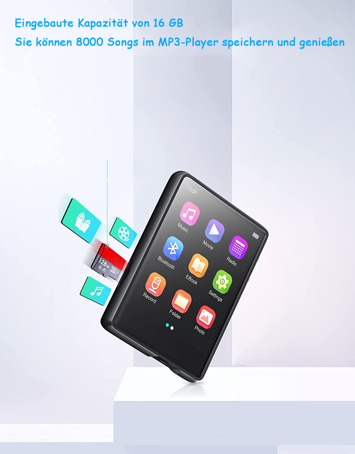 Schwarzer MP3-Player mit Symbolen für Musik, Film, Radio. Eine Speicherkarte ist eingelegt.