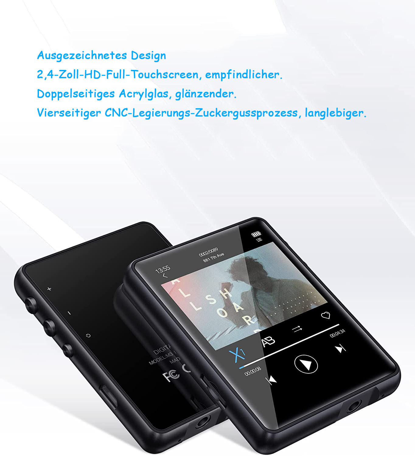 Zwei schwarze MP3-Player auf blauem Hintergrund. Einer zeigt einen Bildschirm, der andere ist leer.