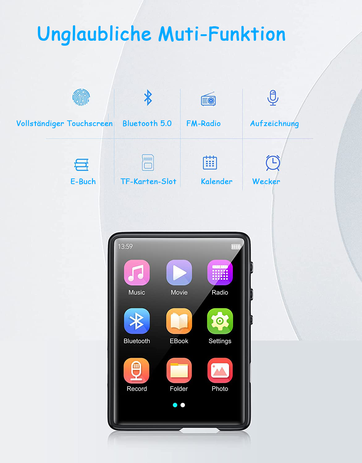 Ein schwarzer MP3-Player mit Touchscreen, Symbolen für Musik, Film und Einstellungen, auf Weiß.