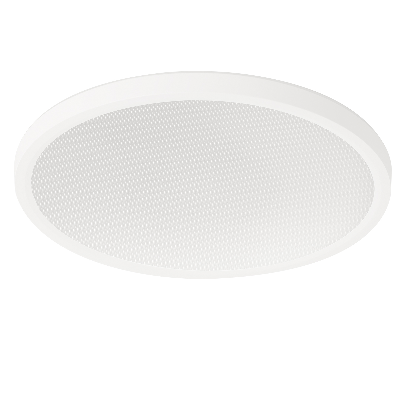 Un altoparlante da soffitto rotondo bianco con un centro a rete e un bordo liscio e arrotondato.