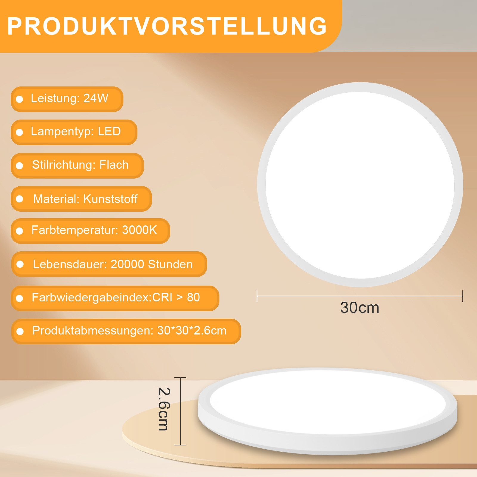 Plafoniera a LED bianca con specifiche del prodotto, inclusi wattaggio, temperatura colore e dimensioni.