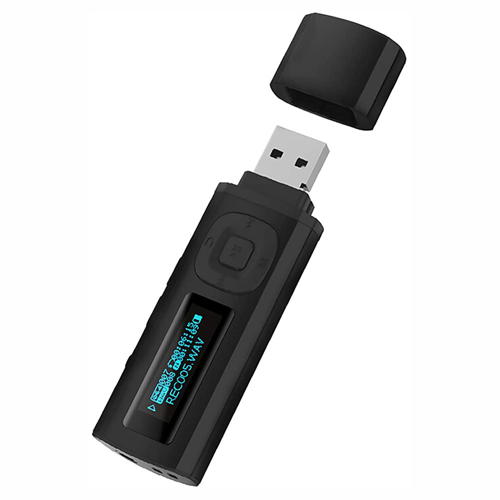 Schwarzer MP3-Player mit Bildschirm und offenem Deckel. Zeigt den Bildschirm. Der USB-Anschluss ist sichtbar.