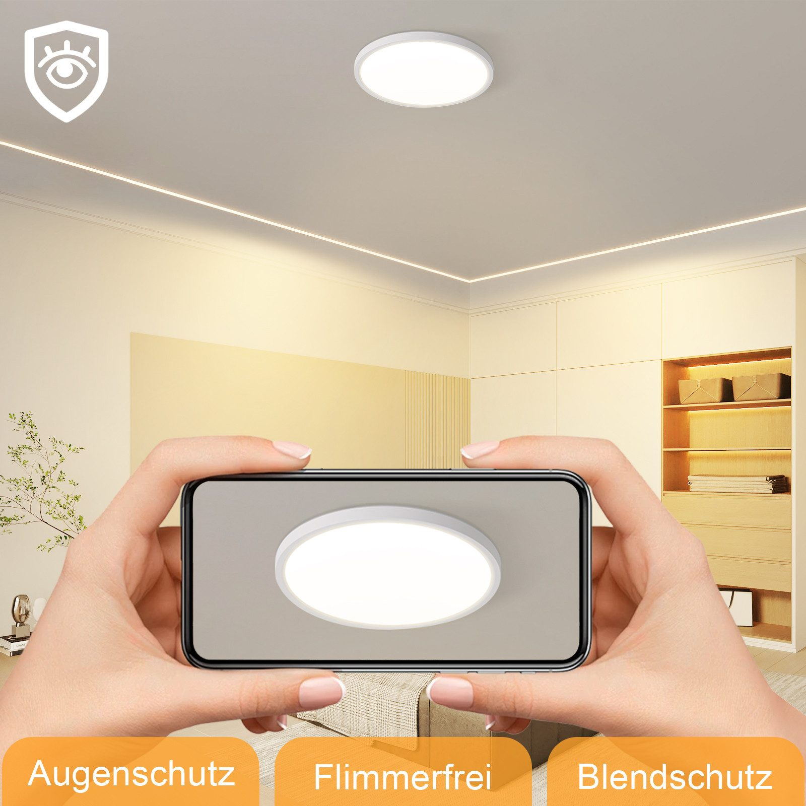 Mani che tengono un telefono, che mostra una lampada da soffitto rotonda. Una lampada da soffitto è anche sul soffitto.