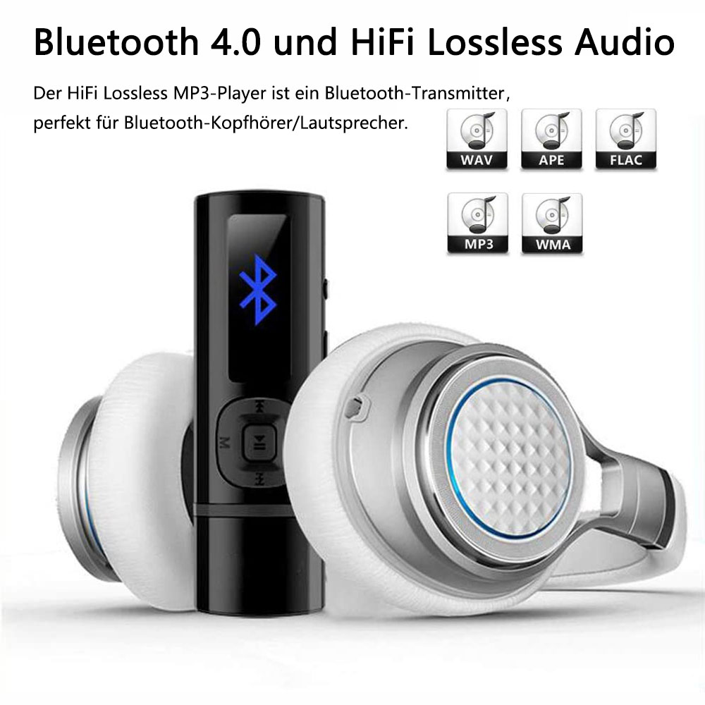 Ein schwarzer Bluetooth-Empfänger mit weißen Kopfhörern und Symbolen für WAV, APE, FLAC, MP3 und WMA.
