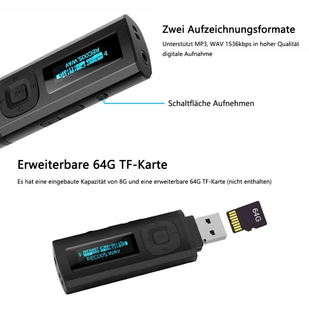 Ein schwarzer digitaler Sprachrekorder mit Bildschirm und einer 64G TF-Karte.