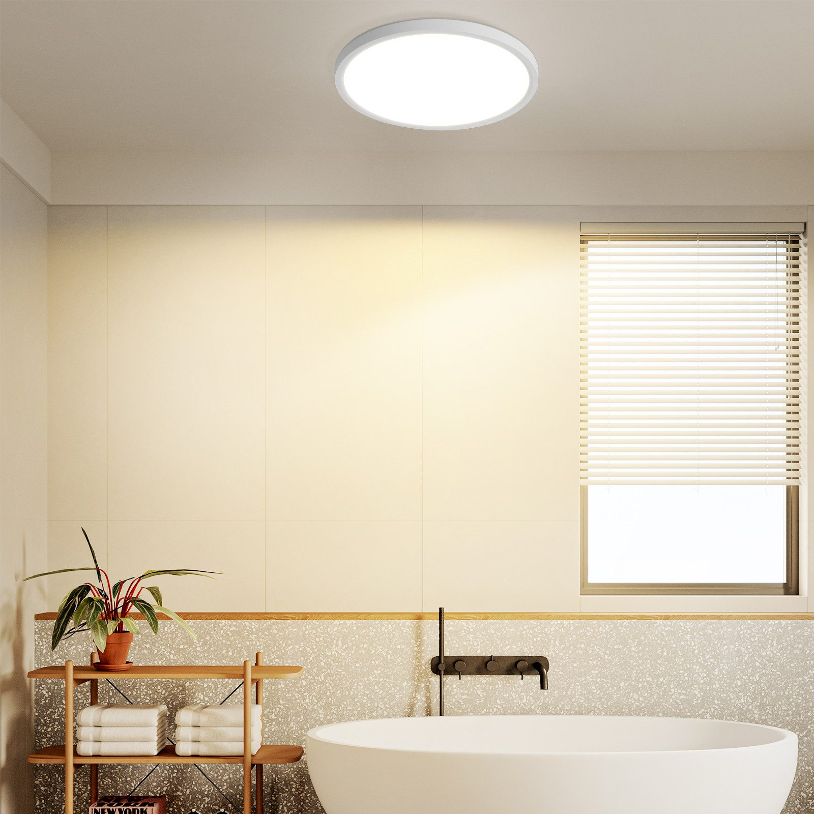 Bagno con plafoniera circolare, finestra, vasca da bagno e pianta.