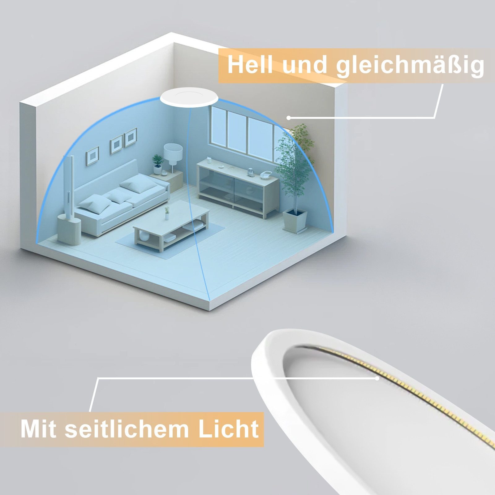 Un modello 3D di un soggiorno con luce a soffitto e luci laterali. La stanza è illuminata da luce blu.