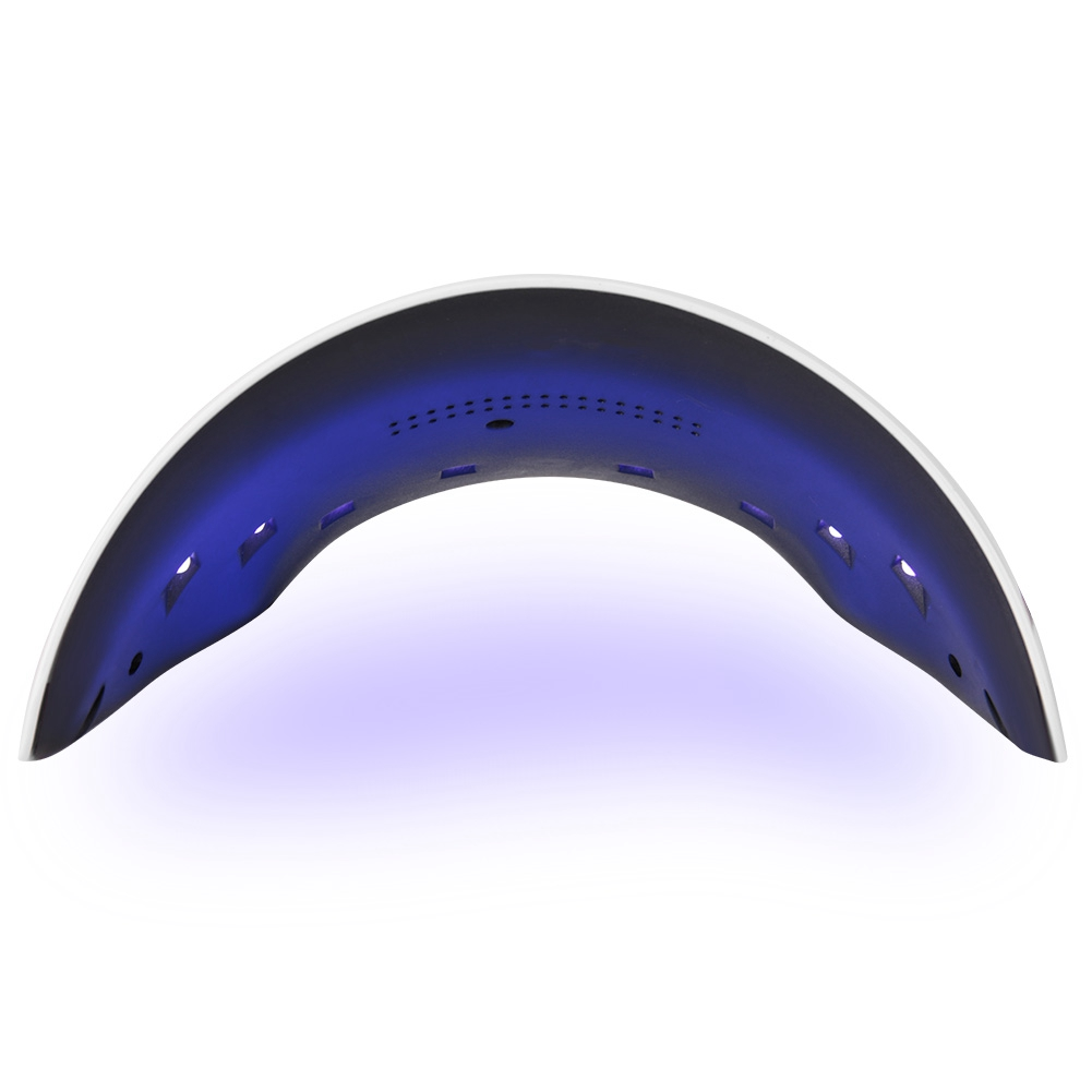 Weiße und silberne UV-Nagellampe mit blauem Innenlicht, gebogene Form.