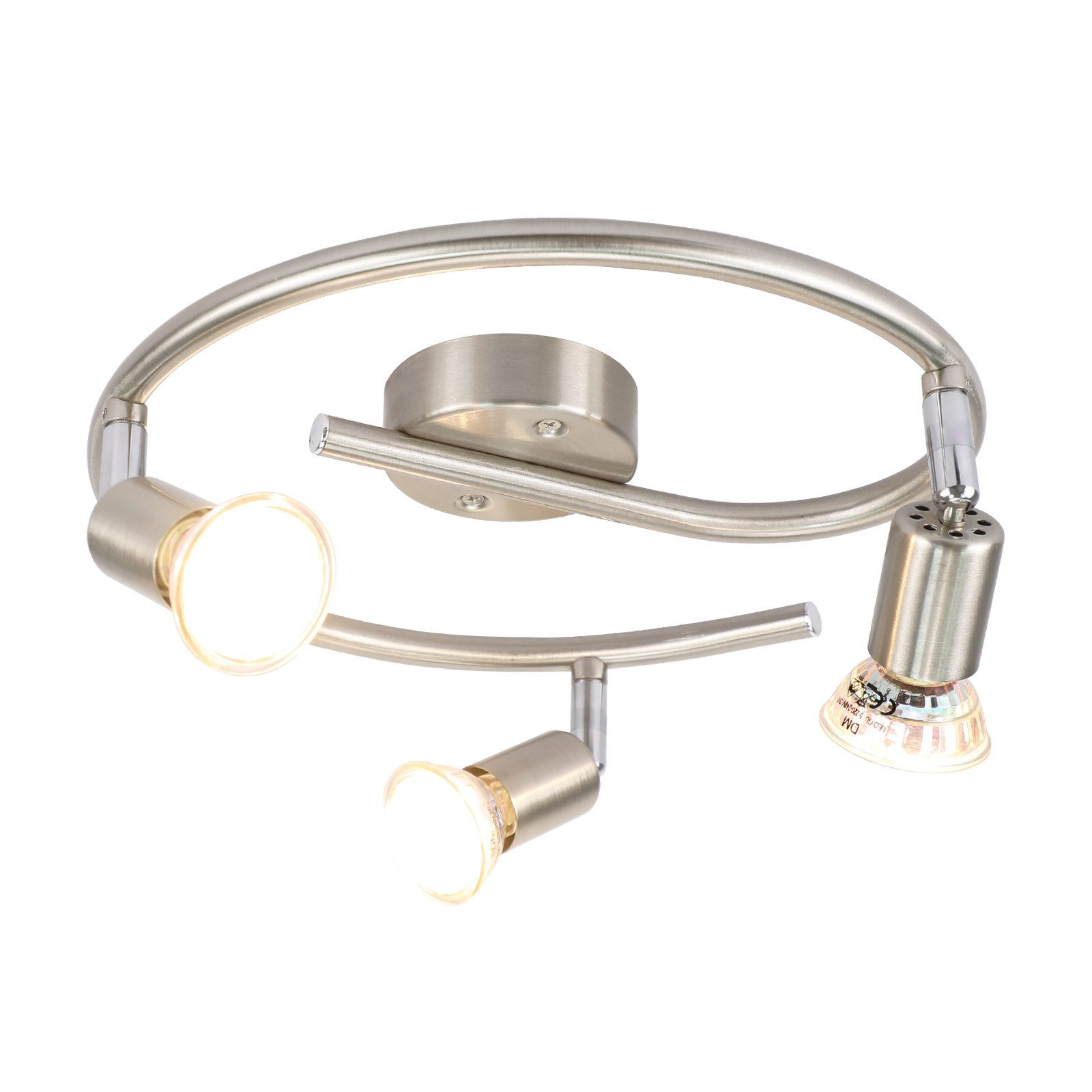 Srebrna, trójświatłowa oprawa sufitowa z białym tłem.