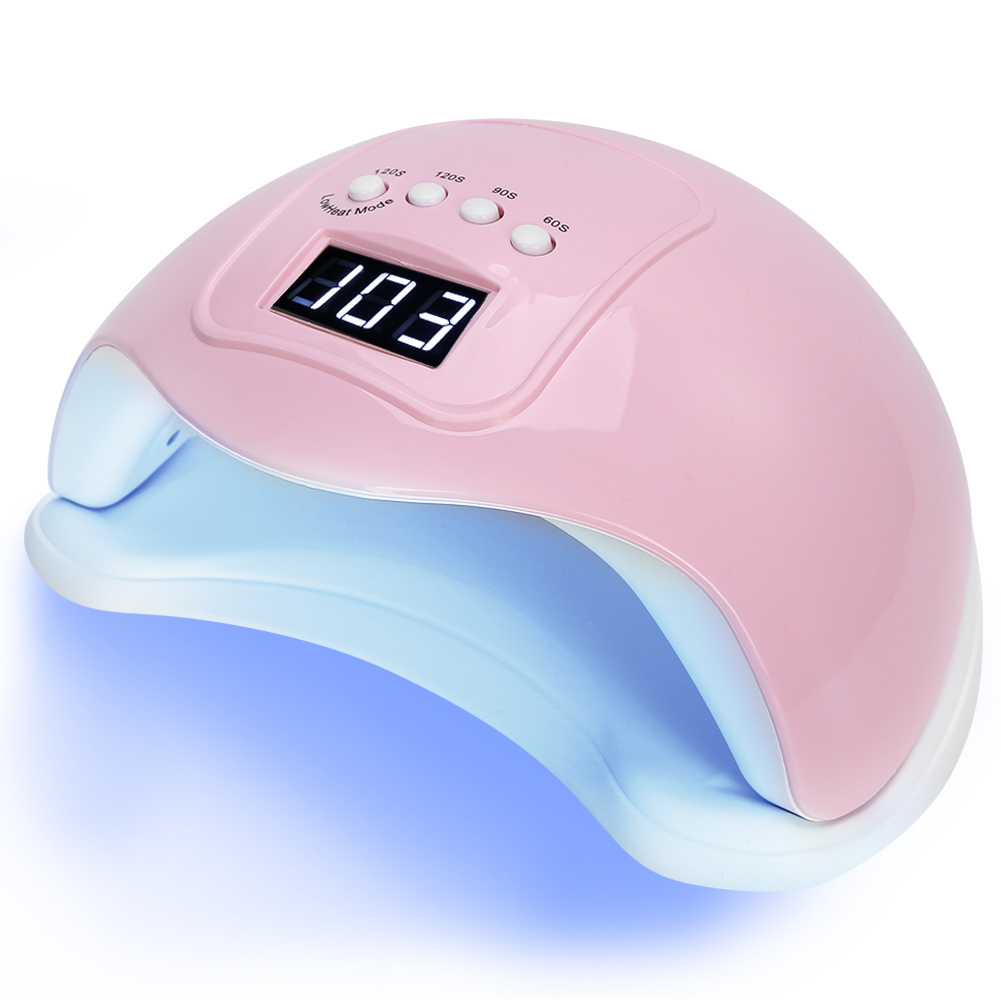 Ein rosa-weißer Nageltrockner mit digitaler Zeitanzeige. Knöpfe sind oben.