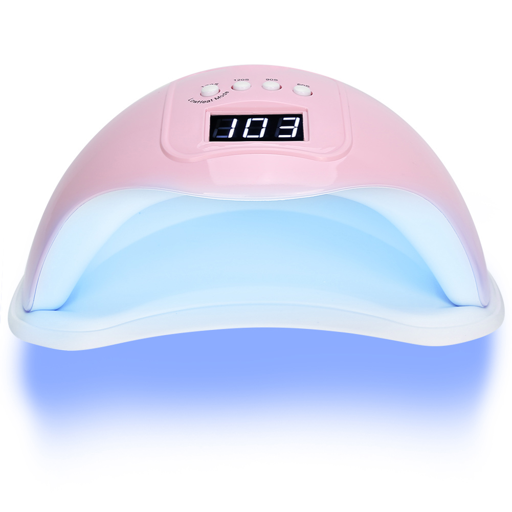 Rosa Nageltrockner mit digitaler Anzeige, die einen Timer anzeigt, blaues Licht innen.