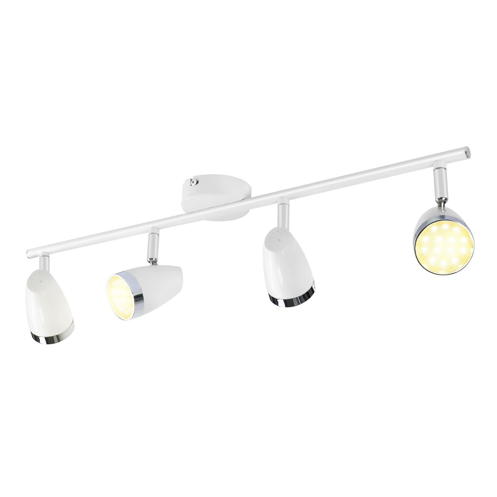 Faretto bianco con quattro faretti orientabili, ciascuno con anello cromato. Tre luci sono accese.