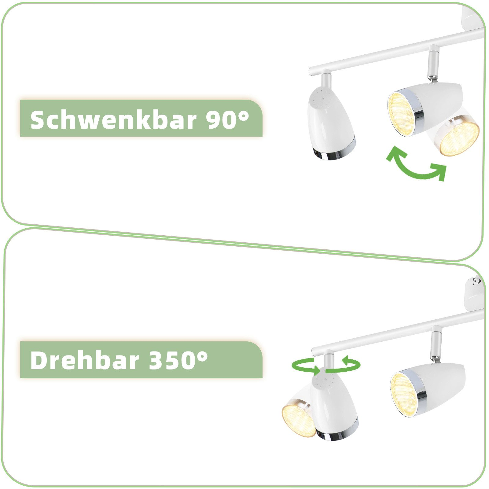 Due diagrammi che mostrano faretti orientabili. Uno ruota di 90 gradi, l'altro di 350 gradi.