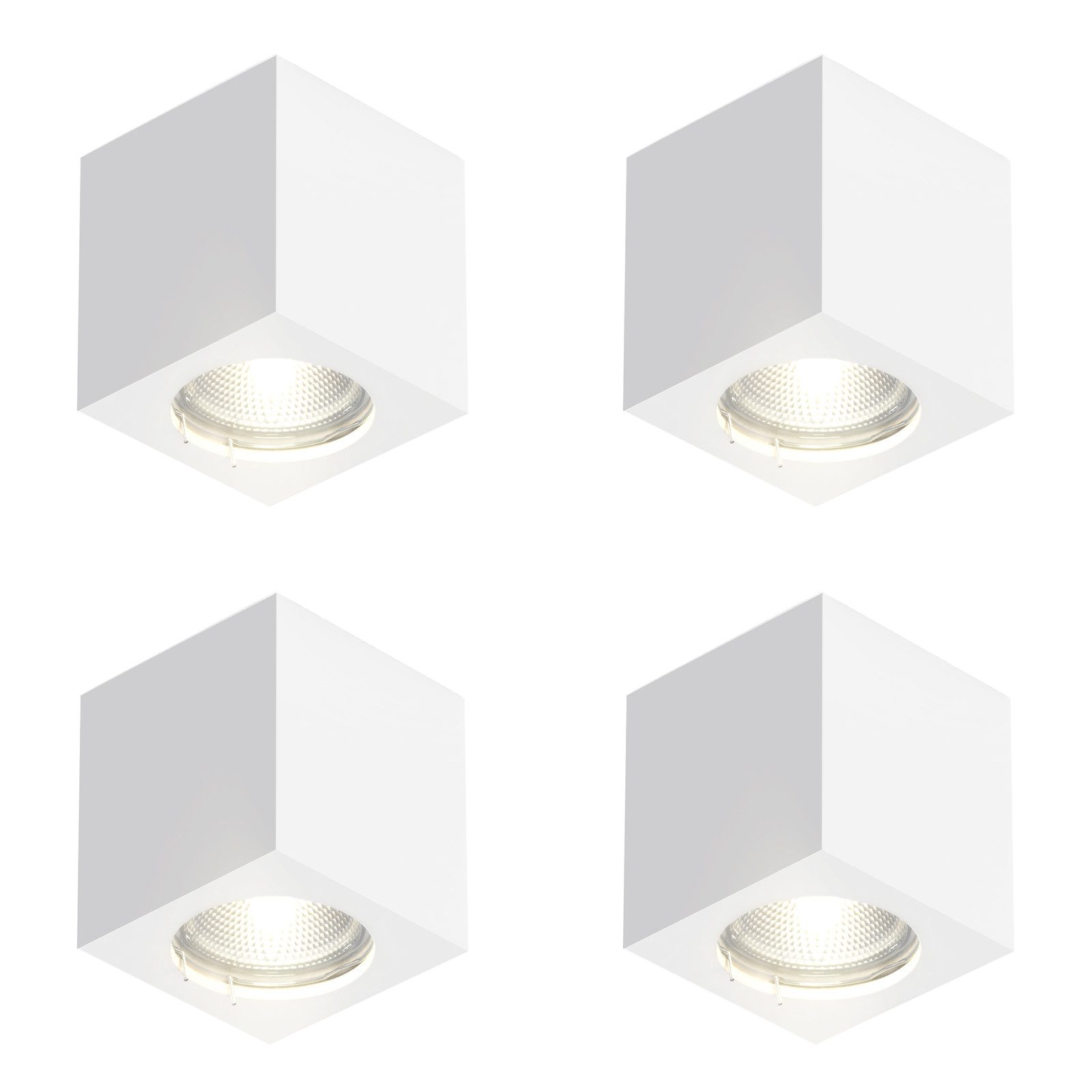 Quattro faretti da soffitto bianchi a forma di cubo con sorgenti luminose integrate. Ognuno ha una lampadina incassata.