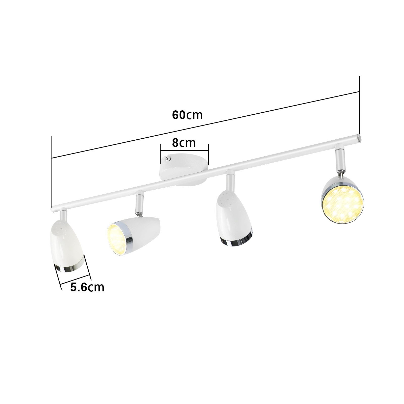 Apparecchio di illuminazione a binario bianco con quattro faretti regolabili. Dimensioni etichettate.
