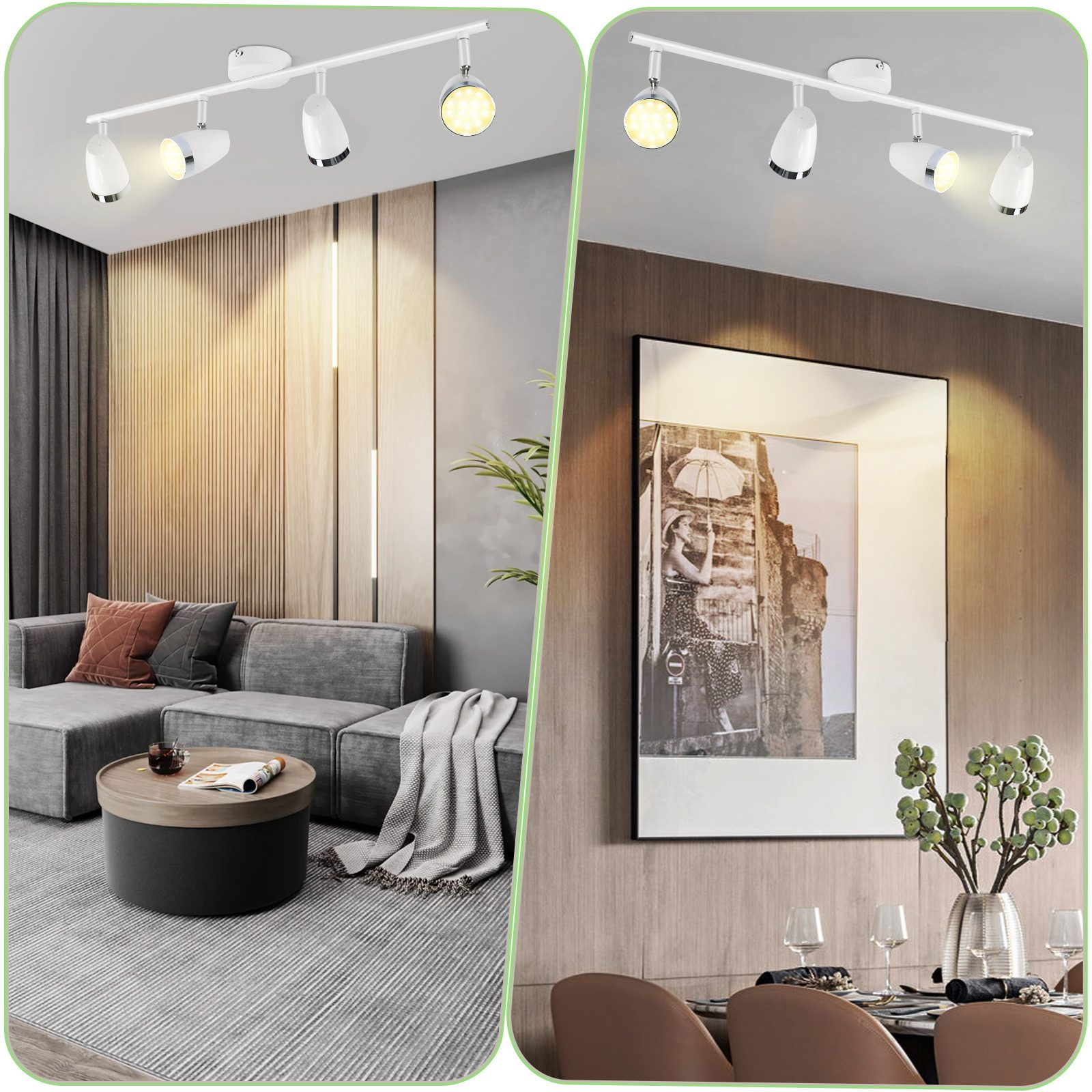 Dwie sceny wnętrz. Reflektory na suficie. Jedna scena: sofa, obraz. Druga: stół, obraz i jadalnia.