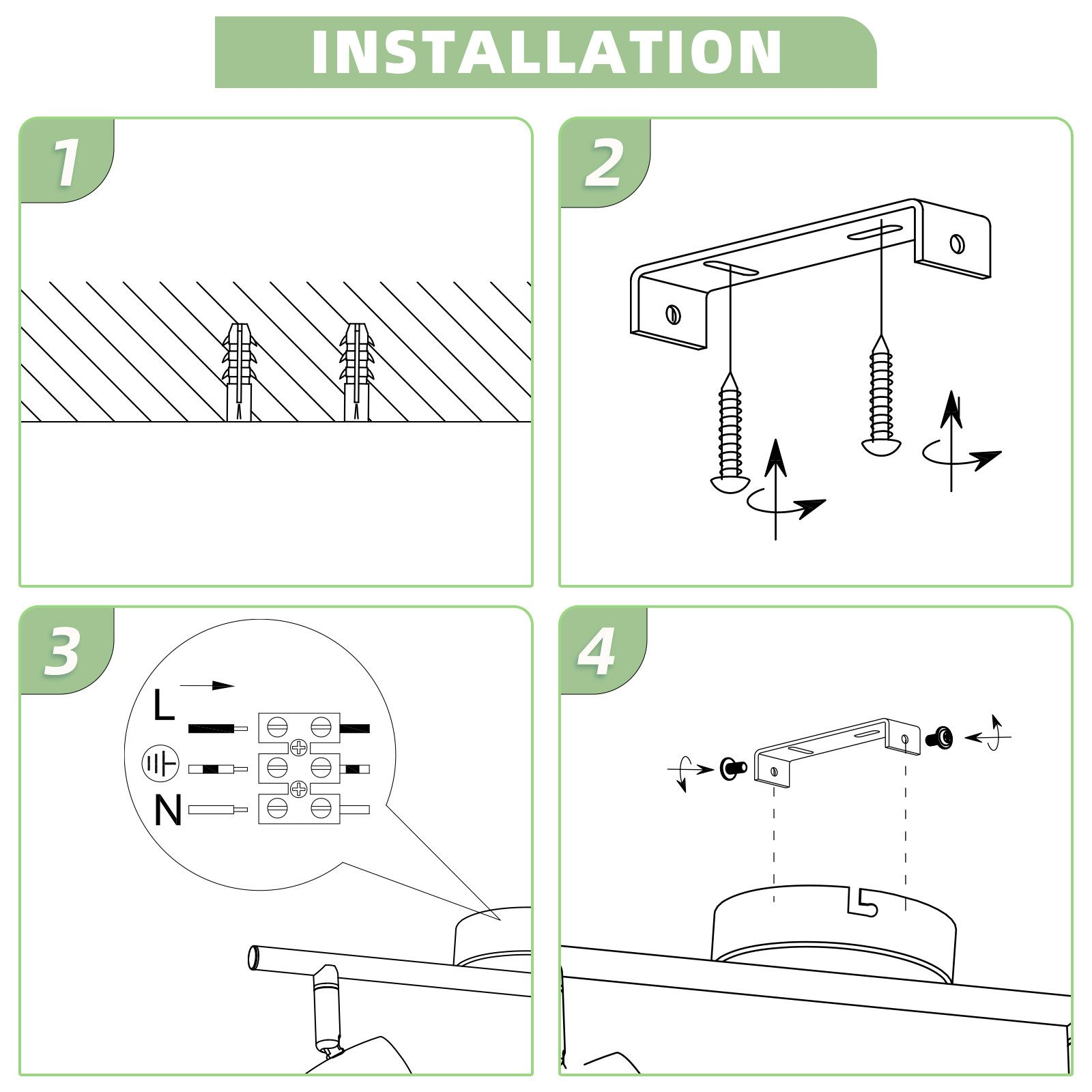 Schemat instalacji pokazujący kroki montażu obiektu do ściany za pomocą śrub.