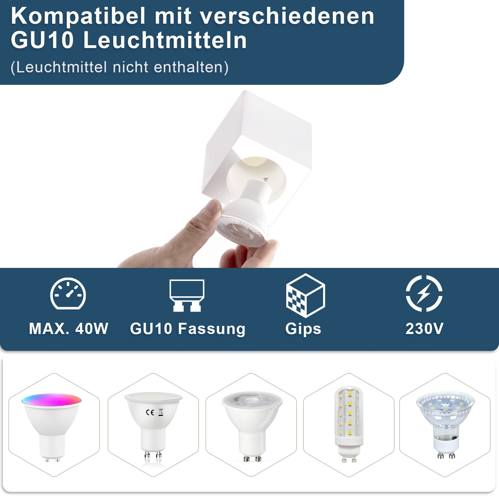 Persona che tiene una lampadina. Varie lampadine GU10 e diagrammi. Sfondo bianco.