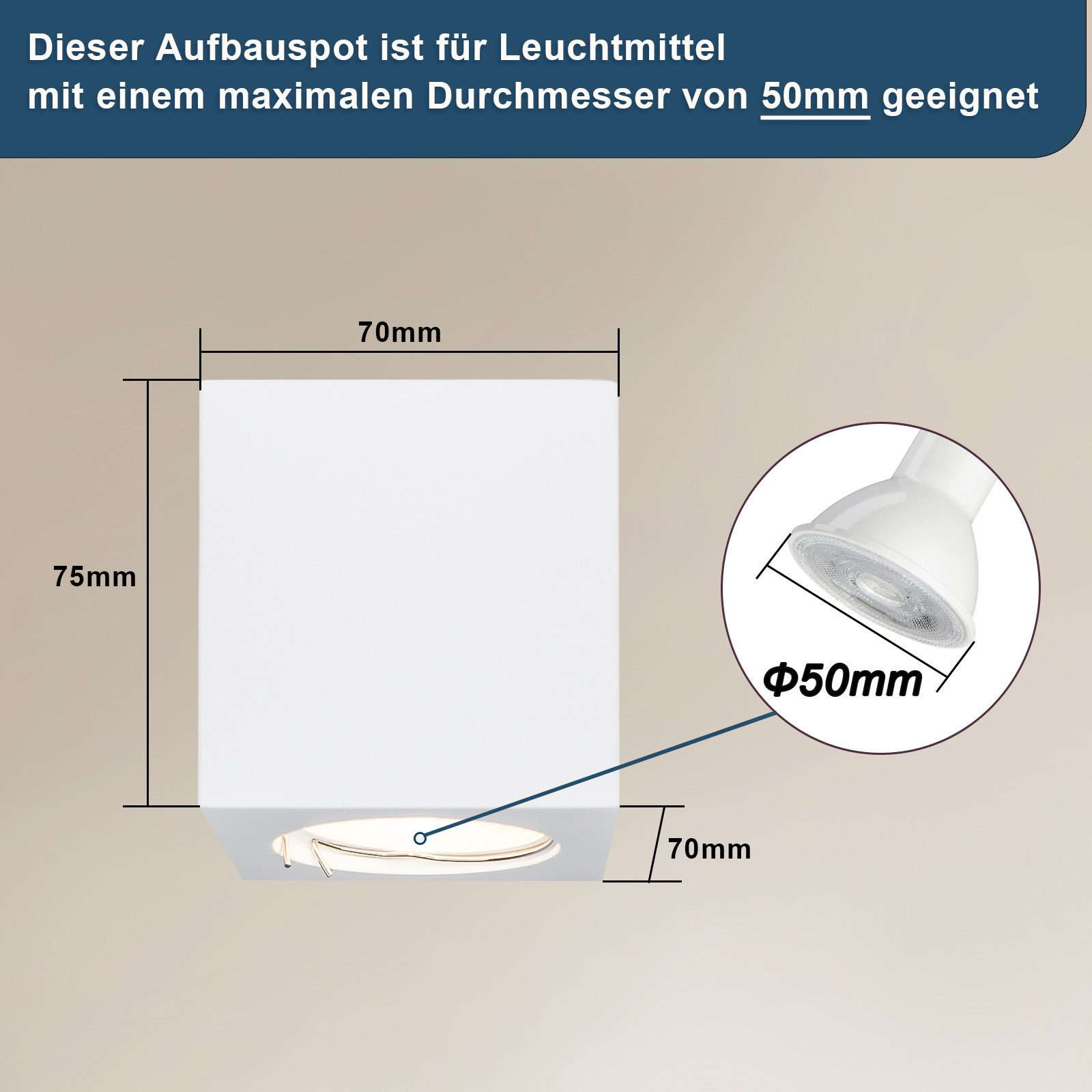 Diagramma con misure per un apparecchio di illuminazione, incluso un cerchio di 50 mm di diametro.