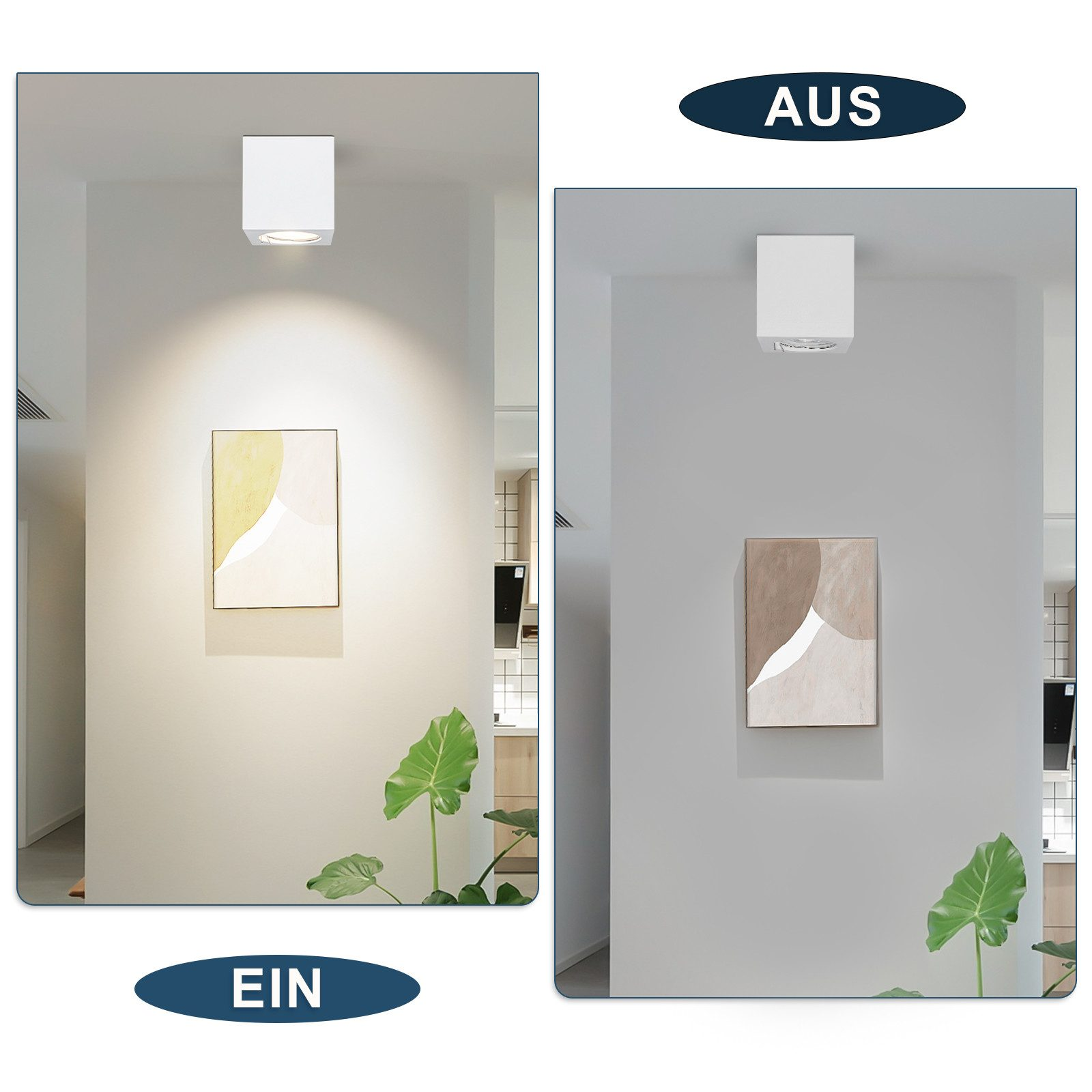 Due immagini: una illuminata e una non illuminata. Ognuna mostra una luce da soffitto bianca, un dipinto e una pianta.