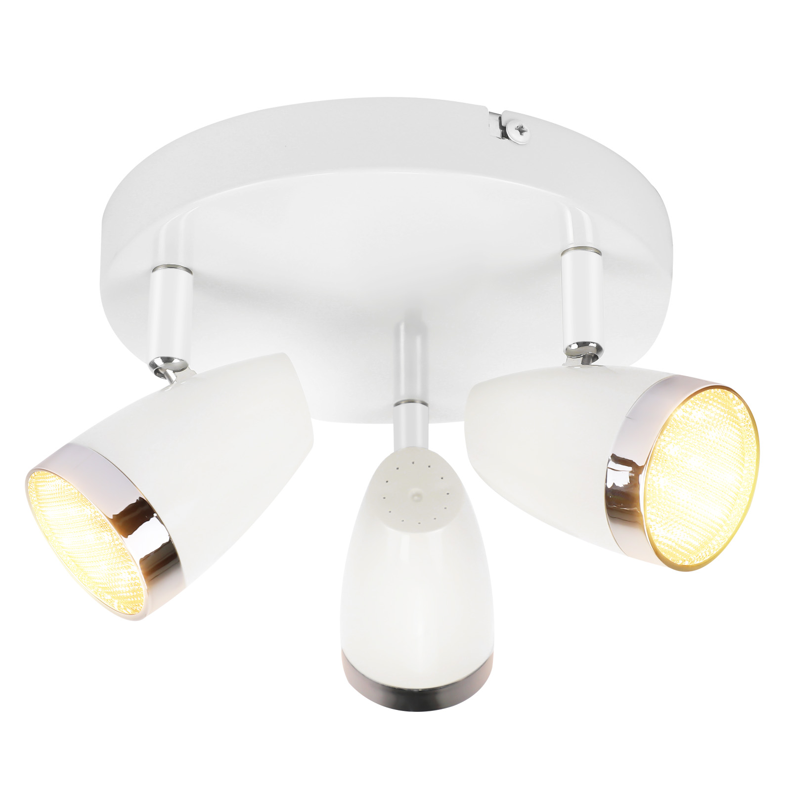 Un faretto da soffitto bianco con tre luci regolabili, su sfondo bianco.